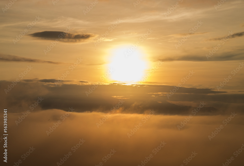 Beautiful Sunset or Sunrise on the cloudy sky and sea of mist, Aerial view of Blue sky and top Cloud view or cloudy of bird eye view.