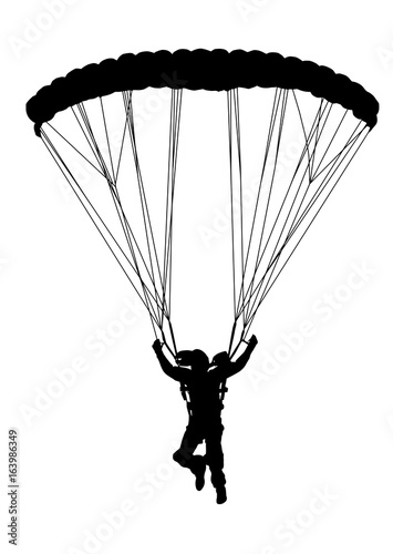 Front profile silhouette of sky diver with open parachute