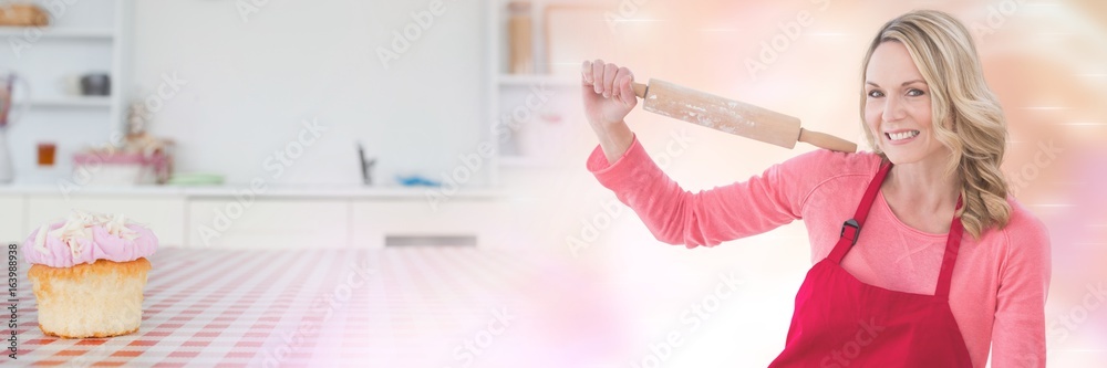 Home baking Chef holding rolling pin with cupcake transition Home baking Chef holding rolling pin with cupcake transition