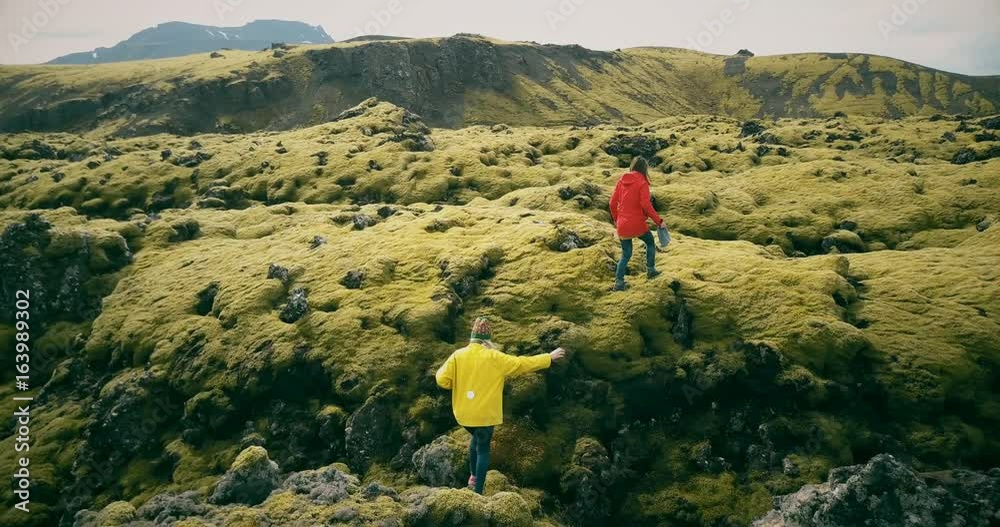 Aerial view of the two woman walking, hiking on the lava field in Iceland. Tourists falls down on the soft moss.