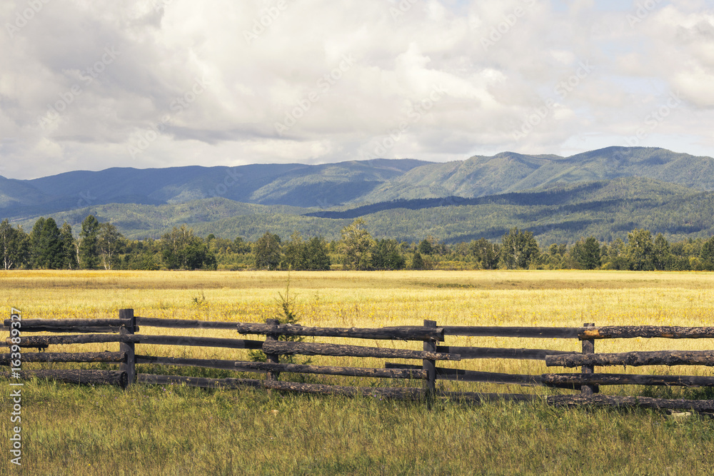Landscape of a rural wild field with flowers fenced with a wooden fence against the background of green mountains and sky with clouds