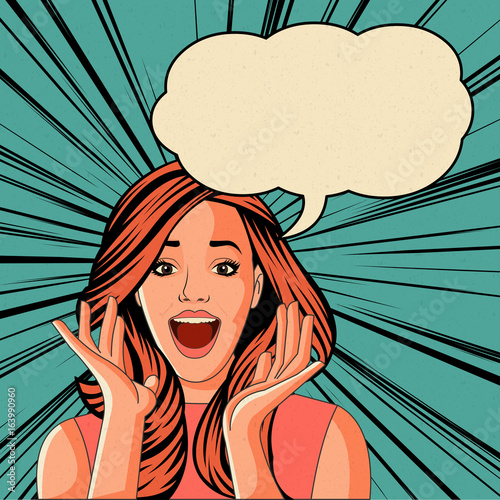Beautiful retro surprised woman screaming. Vintage art.
