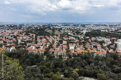 Amazing Panoramic view of city of Plovdiv from Bunardzhik tepe hill (hill of libertadors), Bulgaria