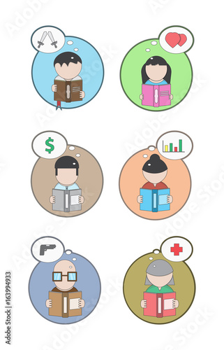 People reading, icon set, literary genres, vector image