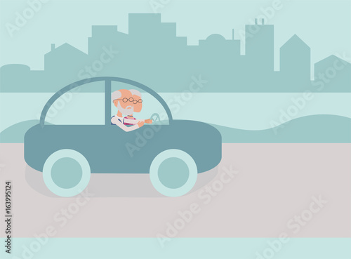 Elderly couple driving in Car in city or suburbs  - vector characters body parts grouped and easy to edit - limited palette
