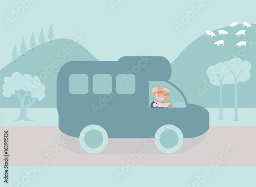 Elderly couple driving on vacation through country in Campervan - vector characters body parts grouped and easy to edit 
