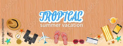 Summer holiday vacation concept, Tropical horizontal layout Flat vector illustration