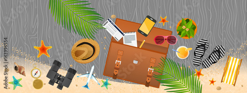 Summer holiday vacation concept, Briefcase and objects vector illustration