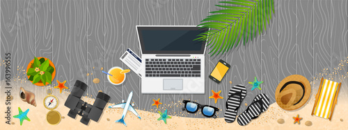 Summer holiday vacation concept, laptop and objects vector illustration