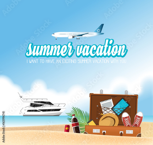 Summer holiday vacation concept, Boat and airplane vector illustration