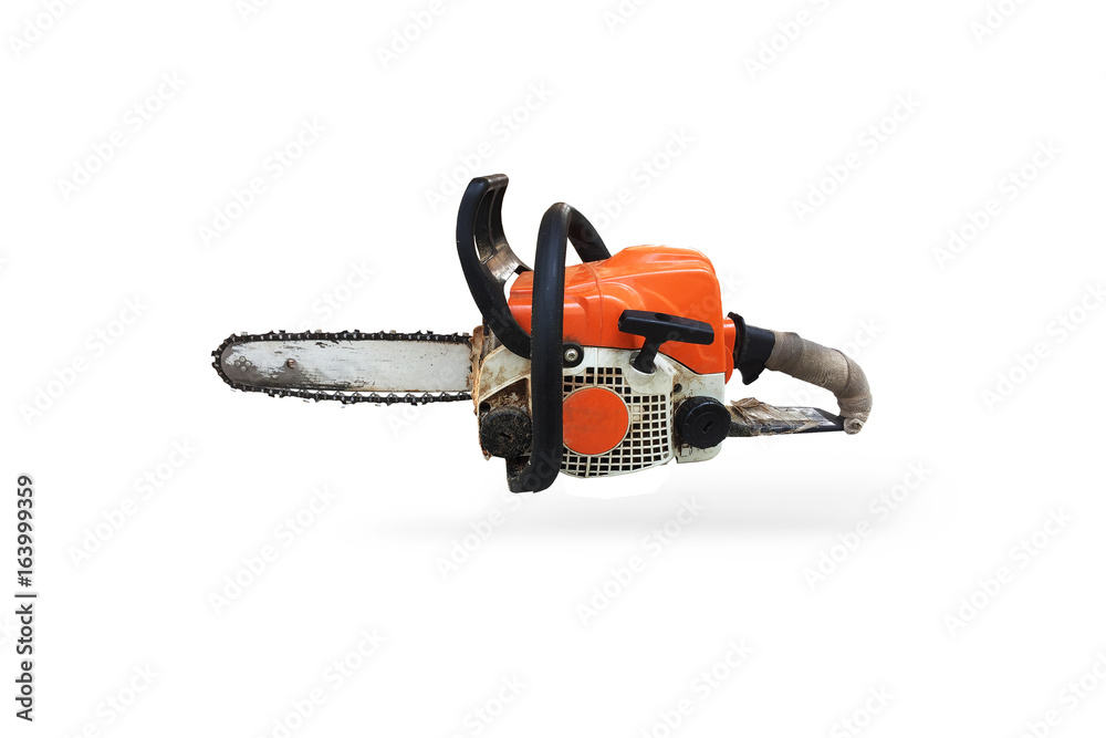 Old chainsaws on a white background