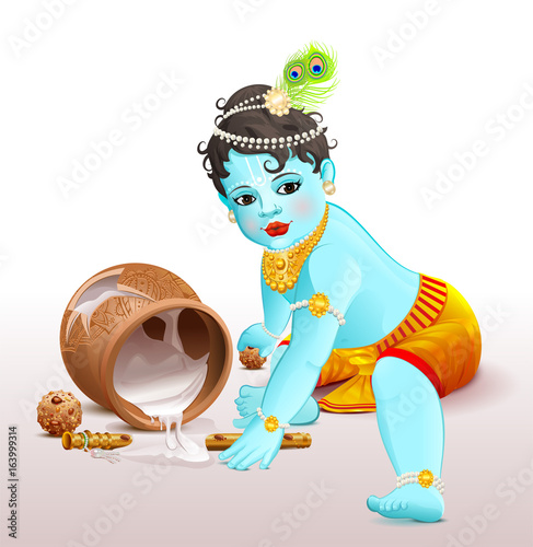 Happy Krishna Janmashtami. Blue boy god broke pot with yogurt