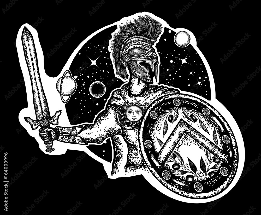 Spartan warrior holding sword and shield tattoo art. Spartan warrior  t-shirt design. Legionary of ancient Rome and ancient Greece. Symbol of  bravery, force, army, hero Stock Vector | Adobe Stock