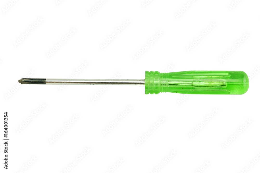 Screwdriver isolated on White Background. Top View of Green Handle Screwdriver Tool with Space for Text or Image.