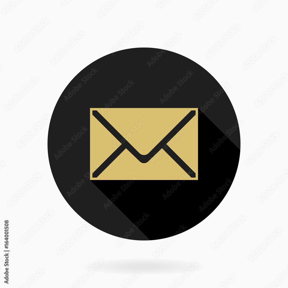 Fine vector golden mail icon in the black circle. Flat design and long shadow Fine vector golden mail icon in the black circle. Flat design and long shadow