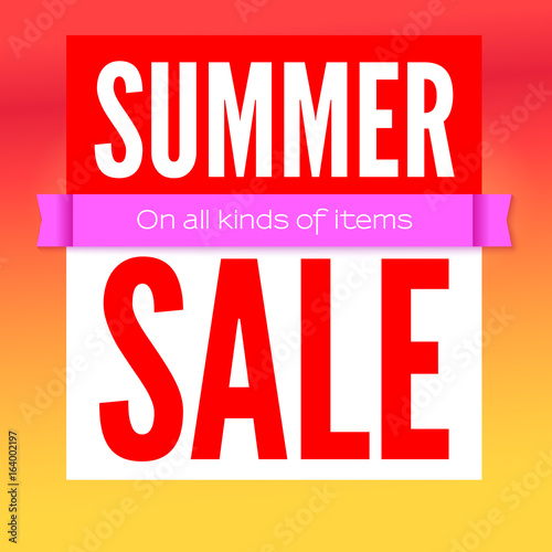 Summer sale commercial poster on hot background. Ad poster for shops with super sale on all kinds of items. 3D illustration