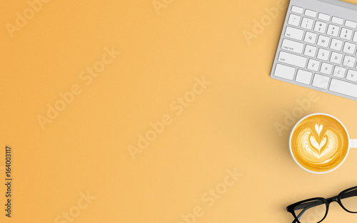 Modern office desk workplace with keyboard and coffee cup copy space on color background. Top view. Flat lay style.