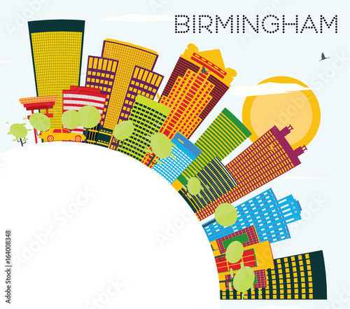 Birmingham Skyline with Color Buildings  Blue Sky and Copy Space.