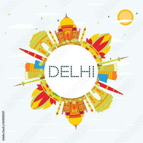 Delhi Skyline with Color Buildings, Blue Sky and Copy Space.