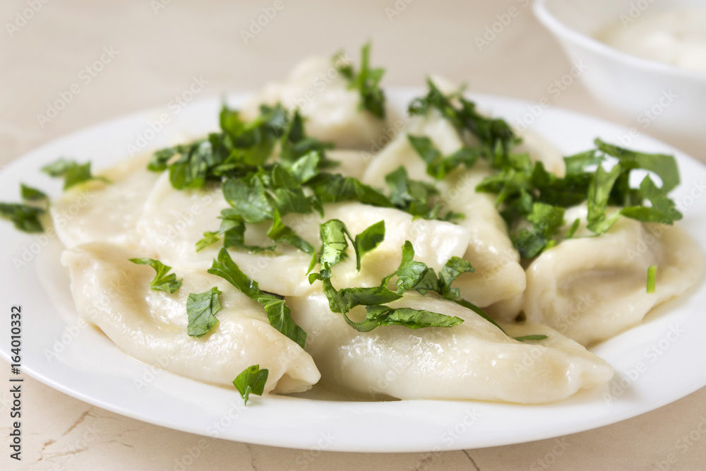 Homemade pelmeni or meat dumpling with sour cream and parsley. Traditional Russian cuisine. Homemade pelmeni or meat dumpling with sour cream and parsley. Traditional Russian cuisine.
