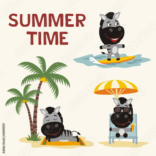Summer time. Set happy zebra resting on beach. Collection cartoon zebra surfing, laying under palm tree, resting in sun lounger with cocktail.