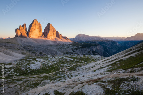 Panoramic view of Tre Cime at beautiful sunset