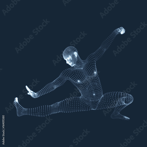 Kickbox Fighter Preparing to Execute a High Kick. Fitness, Sport, Training and Martial Arts Concept. 3D Model of Man. Human Body. Design Element. Vector Illustration.