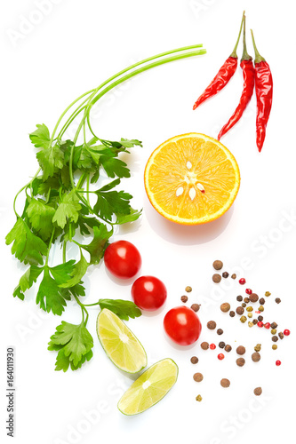A food and healthy lifestyle concept: Italian herbs and spices. Top view. Isolated on white.