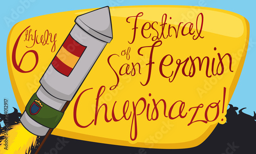 Rocket with Flags, Sign and Bulls Silhouette for San Fermin, Vector Illustration