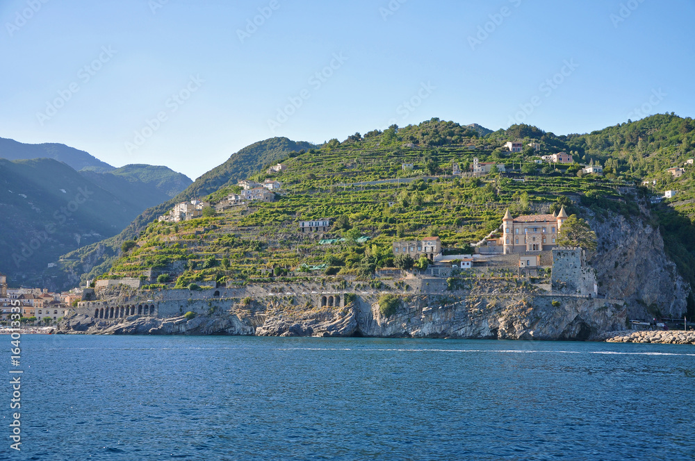 Multilevel settlement on the cliffs of the Amalfi coast and beautiful castle