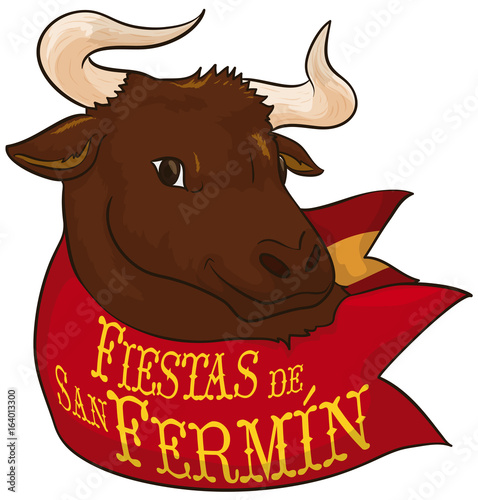 Bull behind Red Handkerchief Celebrating Spanish Festival of San Fermin, Vector Illustration