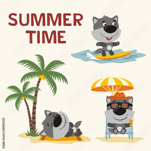 Summer time. Set happy little wolf resting on beach. Collection cartoon wolf surfing, laying under palm tree, resting in sun lounger with cocktail.