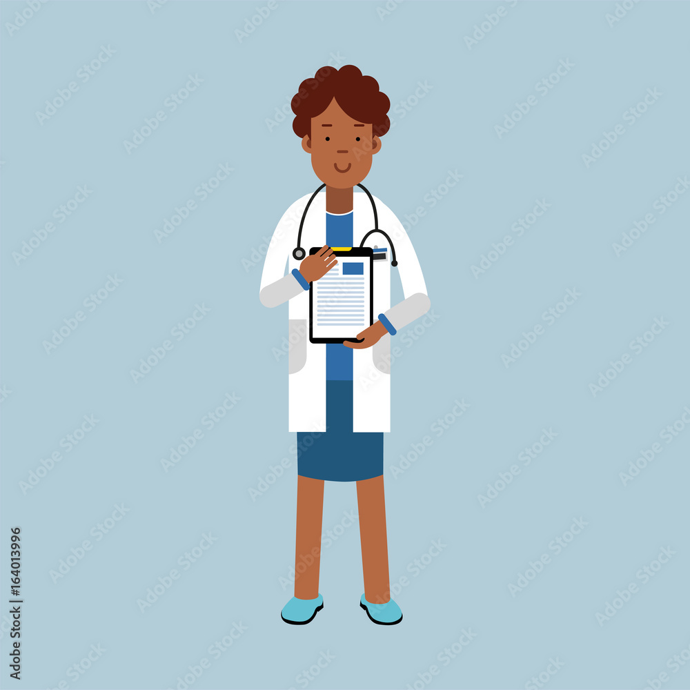 Black female doctor character in a white coat standing with stethoscope and medical notepad with prescription, medical care vector Illustration Black female doctor character in a white coat standing with stethoscope and medical notepad with prescription, medical care vector Illustration