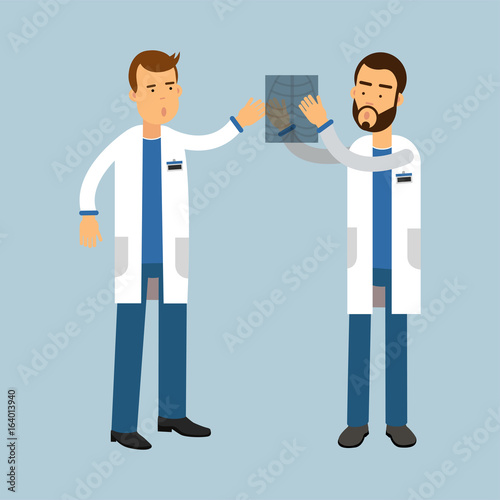 Two males doctor characters in uniform examining xray and discussing, medical care vector Illustration