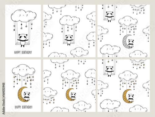 Fototapeta Naklejka Na Ścianę i Meble -  Happy Birthday. Big set of Greeting cards with cute pandas on the moon and swing. Seamless pattern for gift wrap, textile or book covers, wallpapers and scrapbook. White background. Vector.