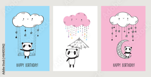 Fototapeta Naklejka Na Ścianę i Meble -  Set of Greeting cards with cute pandas. Happy Birthday. Hand drawn illustration for your design. Doodles, sketch. Vector illustration.
