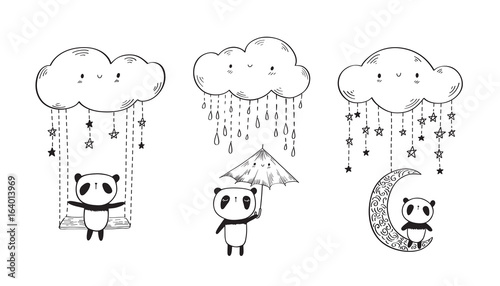 Fototapeta Naklejka Na Ścianę i Meble -  Set of cute pandas with umbrella and  funny clouds. Hand drawn illustration for your design. Doodles, sketch. Black and white. Vector illustration.