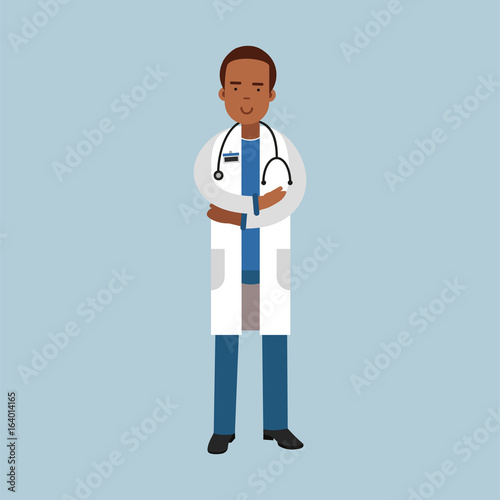 Black male doctor character in uniform standing with folded arms, medical care vector Illustration