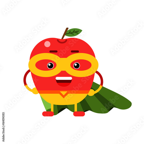 Cute cartoon smiling apple superhero in mask and green cape, colorful humanized fruit character vector Illustration
