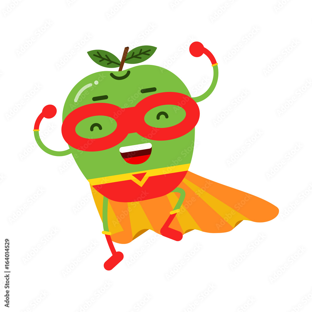 Fototapeta premium Cute cartoon smiling apple superhero in mask and yellow cape, colorful humanized fruit character vector Illustration