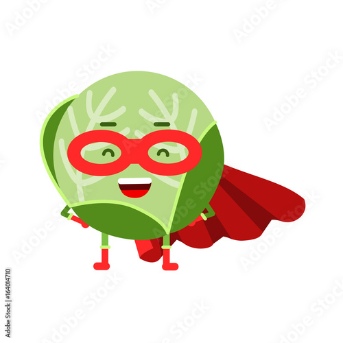 Cute cartoon cabbage superhero in mask and red cape, colorful humanized vegetable character vector Illustration