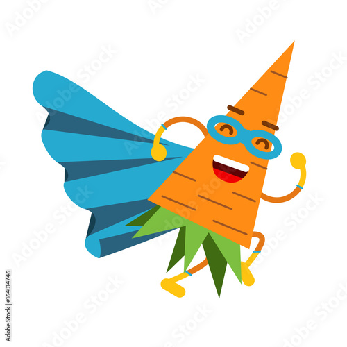Cute cartoon smiling carrot superhero in mask and blue cape, colorful humanized vegetable character vector Illustration