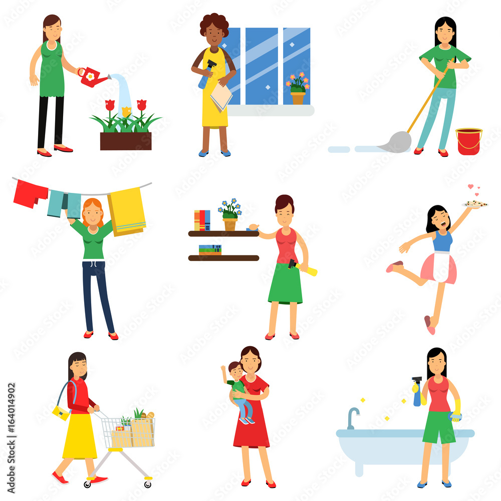 Modern housewife in housework activity set, homemaker cleaning, housekeeping, caring for a child vector Illustrations