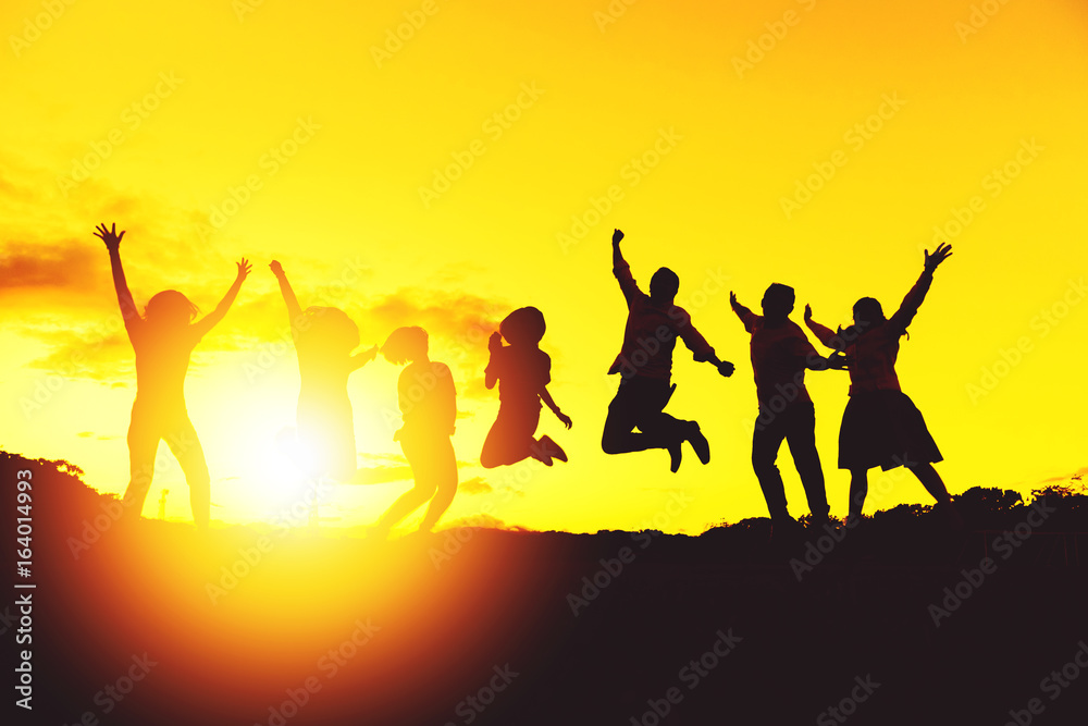 Silhouette picture style of happy jumping people. For concept like win or success. Silhouette picture style of happy jumping people. For concept like win or success.