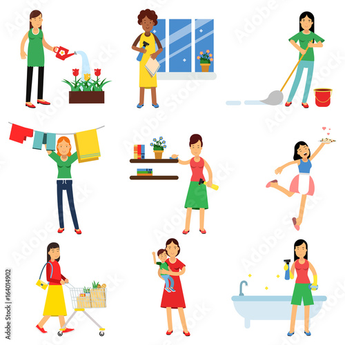 Modern housewife in housework activity set  homemaker cleaning  housekeeping  caring for a child vector Illustrations