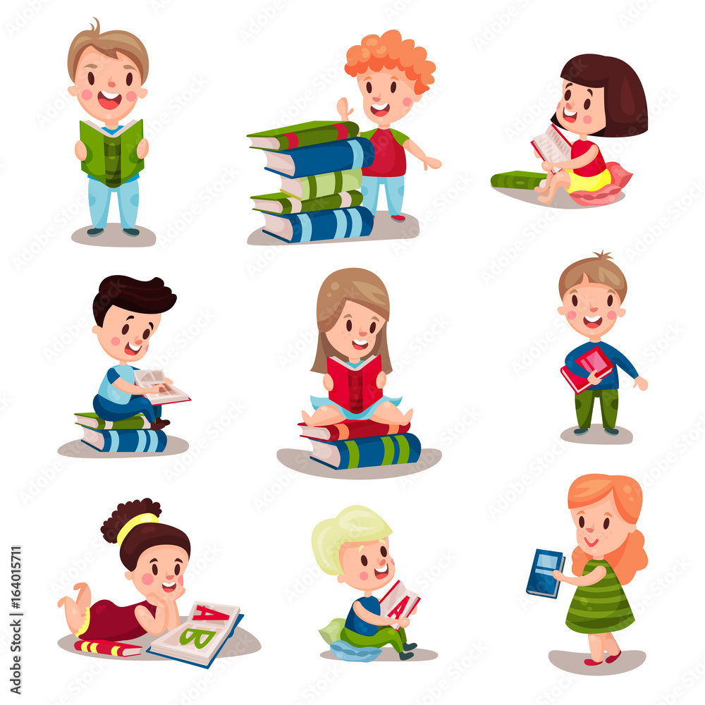 Cute smart kids reading books set of vector Illustrations