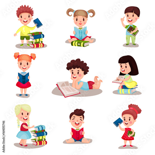 Cute smart boys and girls reading books set of vector Illustrations