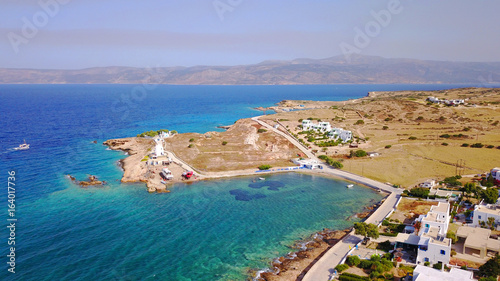 Fototapeta Naklejka Na Ścianę i Meble -  Aerial drone photo of small bay of Loutro with turquoise waters, Koufonissi island, small Cyclades, Aegean, Greece