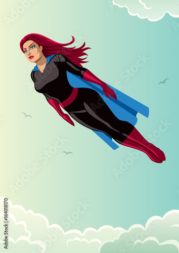 Super Heroine Flying Sky / Illustration of super heroine flying in the sky. 