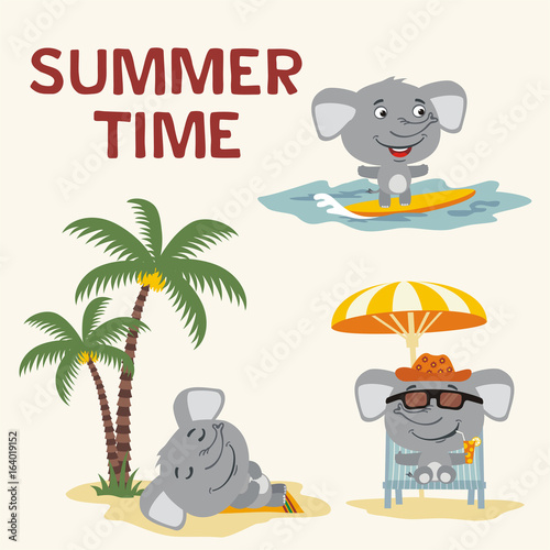 Summer time. Set happy little elephant resting on beach. Collection cartoon elephant surfing, laying under palm tree, resting in sun lounger with cocktail.